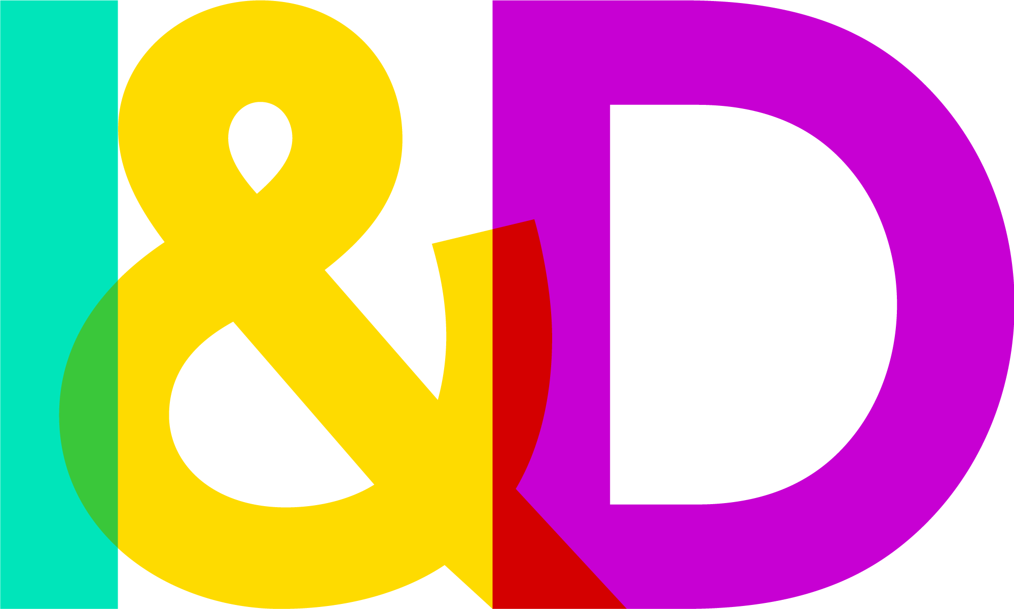 Logotipo que dice I&D, con la I en verde, el símbolo en amarillo y la D en rosa. 